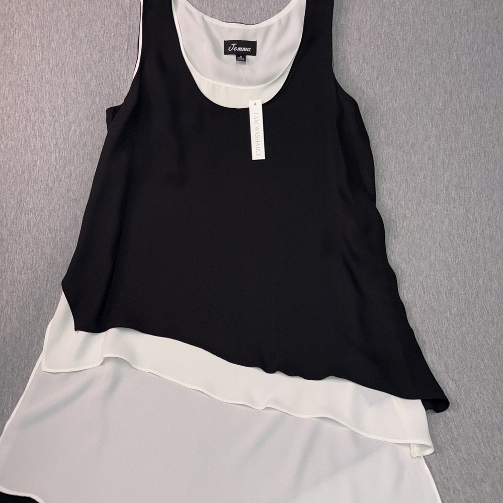 Jemma Colorblock Layered Tank Top Small NWT Black White Asymmetrical Hem Washabl
